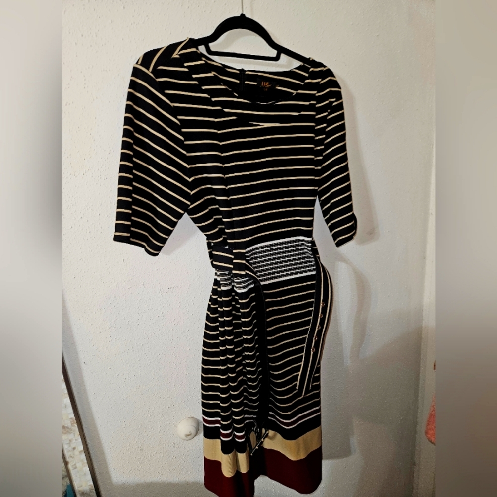 Black and tan striped dress with belt. Size 16